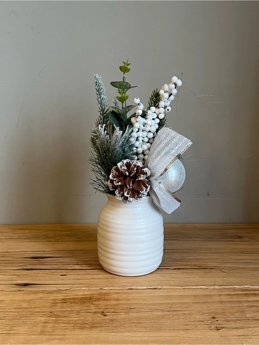 Artificial Holiday Arrangement In Ceramic Cream Color Vase-NWT